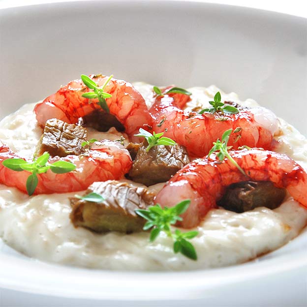 Risotto med reker og aubergine